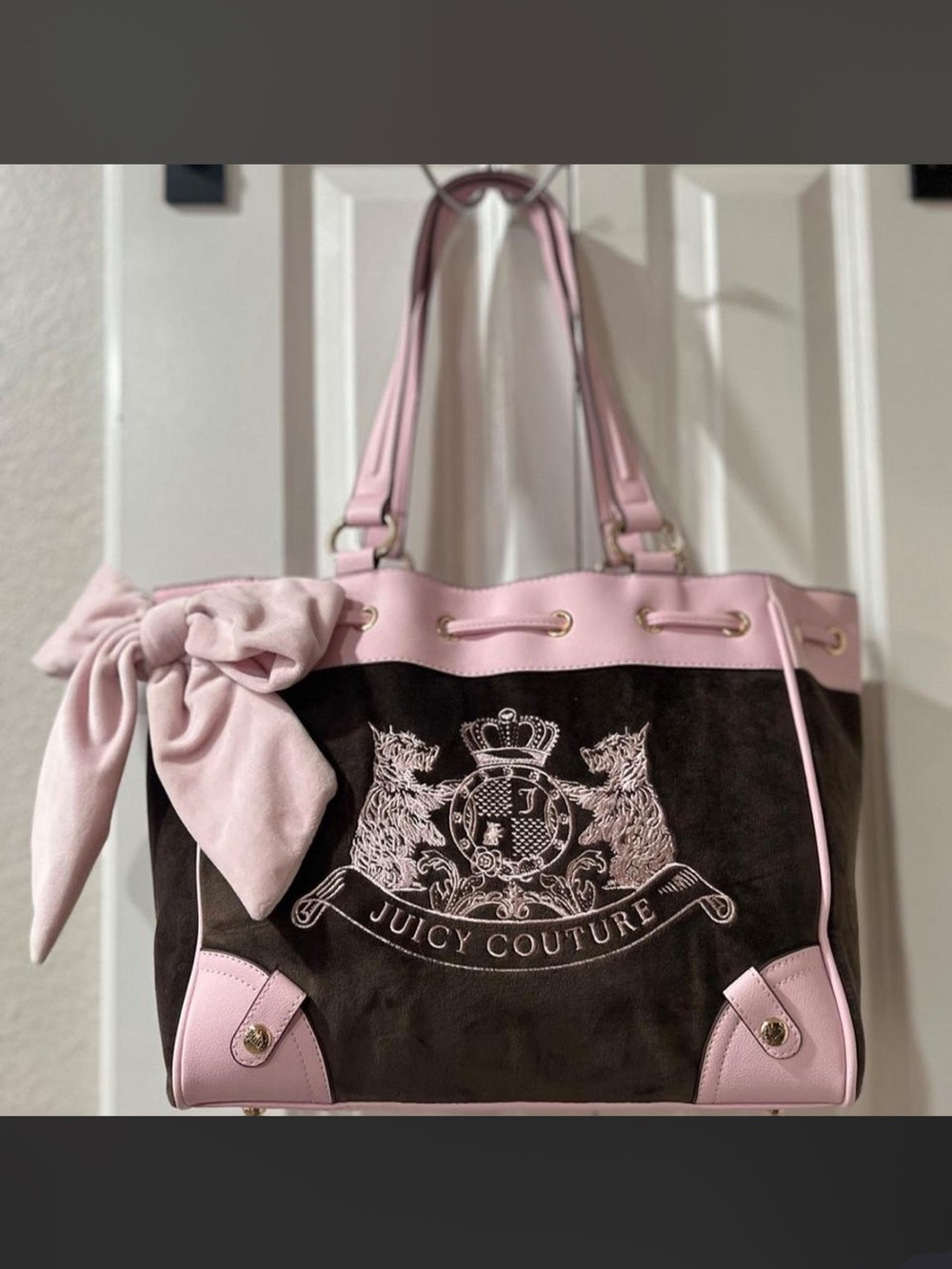 Juicy Couture chocolate brown and blush pink with embroidered Scottie dogs